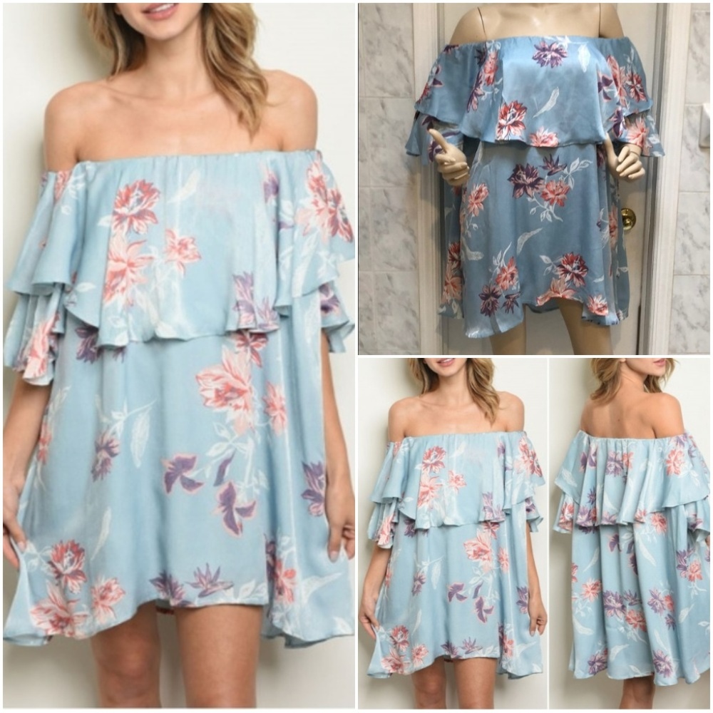 BLUE FLORAL OFF SHOULDER  DRESS